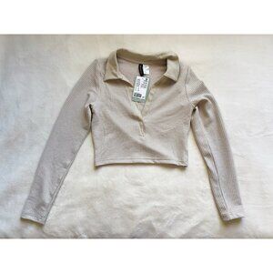 NWT H&M Ribbed Top with Collar in Light Beige | Size S